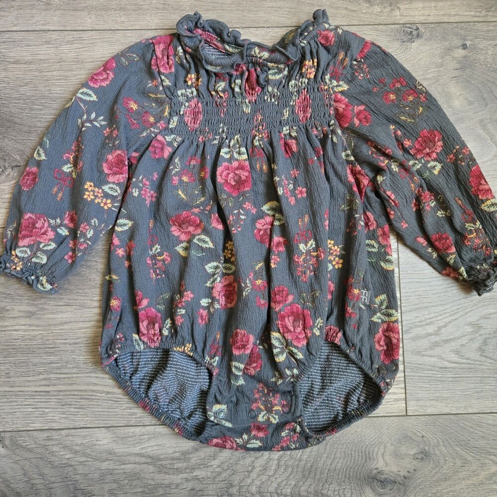 Modern Moments Gerber 12M Smocked Bubble Romper Dark Floral Gauze Cottagecore